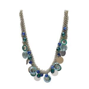 Nine West Silver Tone Blue Multi Color Beaded Necklace With Circular Accents